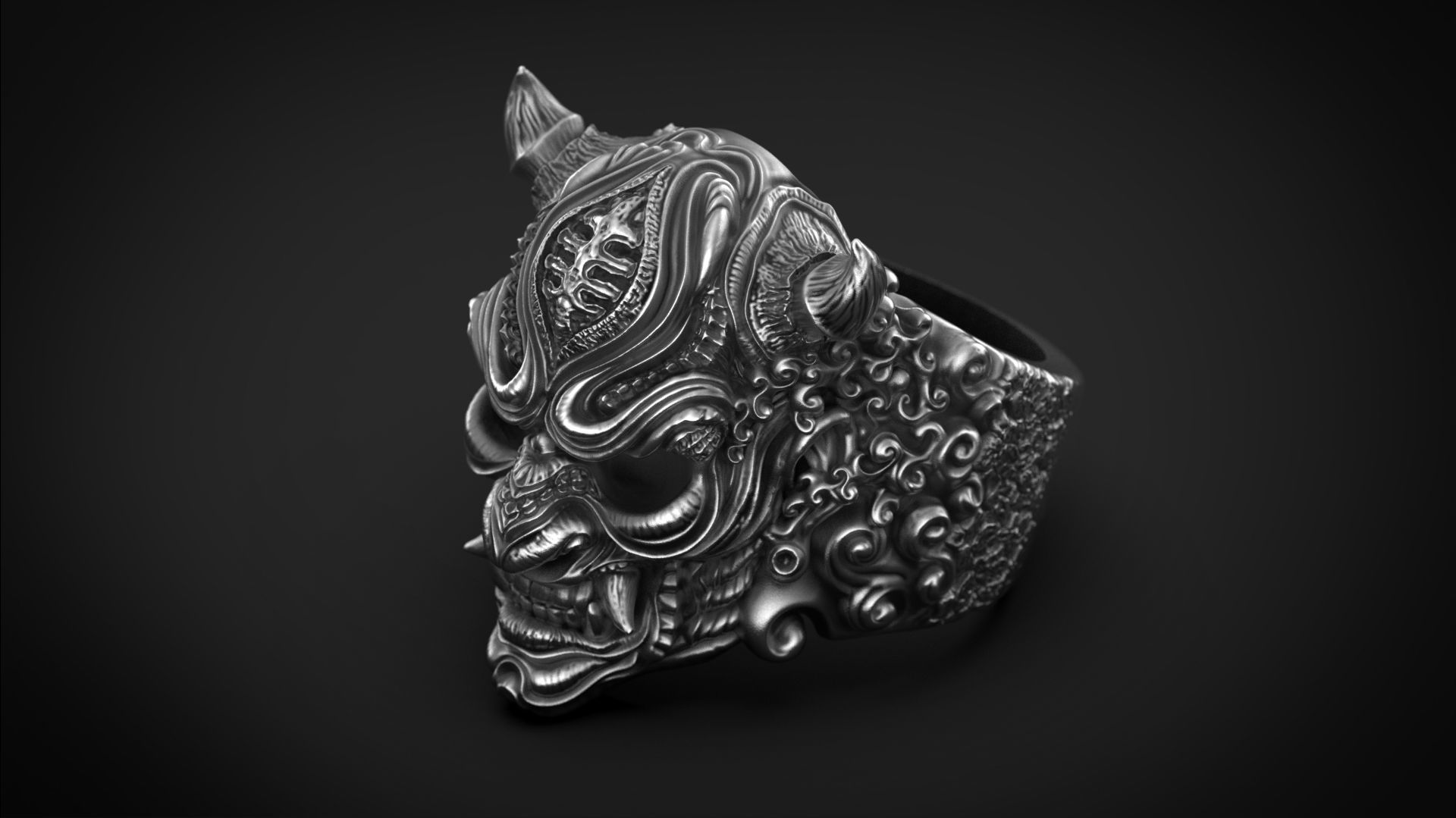 Hannya Oni mask ring STL 3d model for 3d printing 3D print model_4