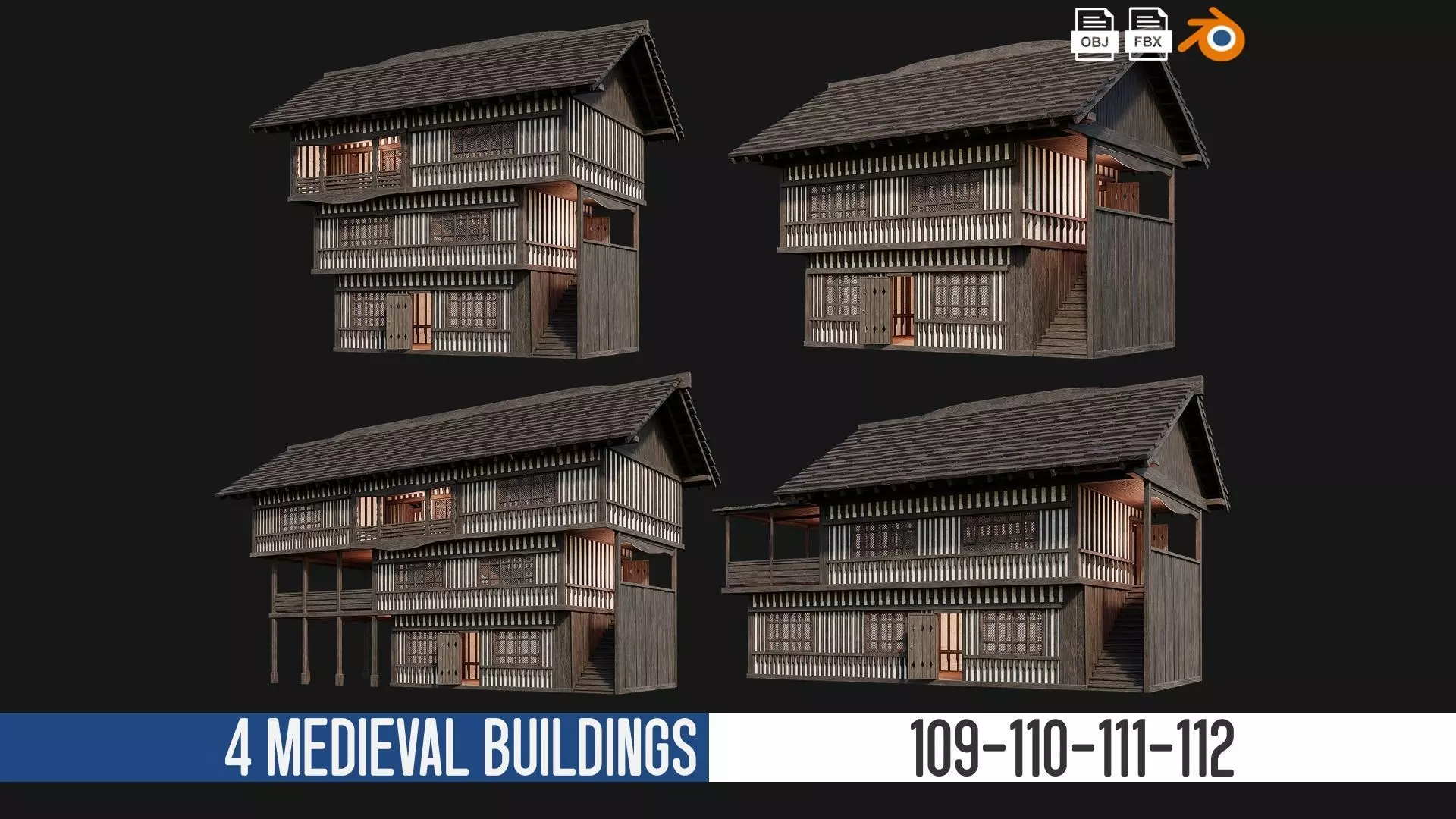4 Old Medieval Building Pack 4K Textures GameReady 109 to 112 Low-poly 3D model