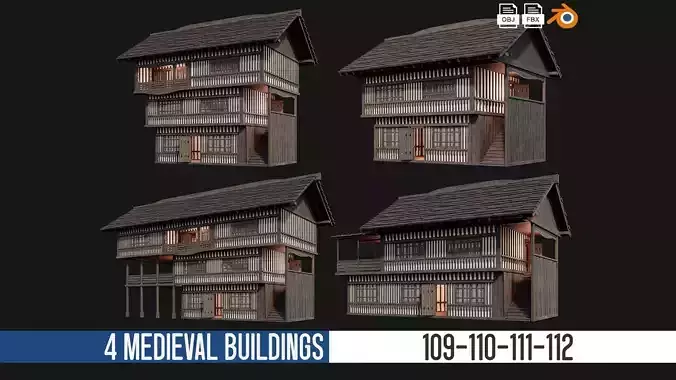 4 Old Medieval Building Pack 4K Textures GameReady 109 to 112 Low-poly 3D model