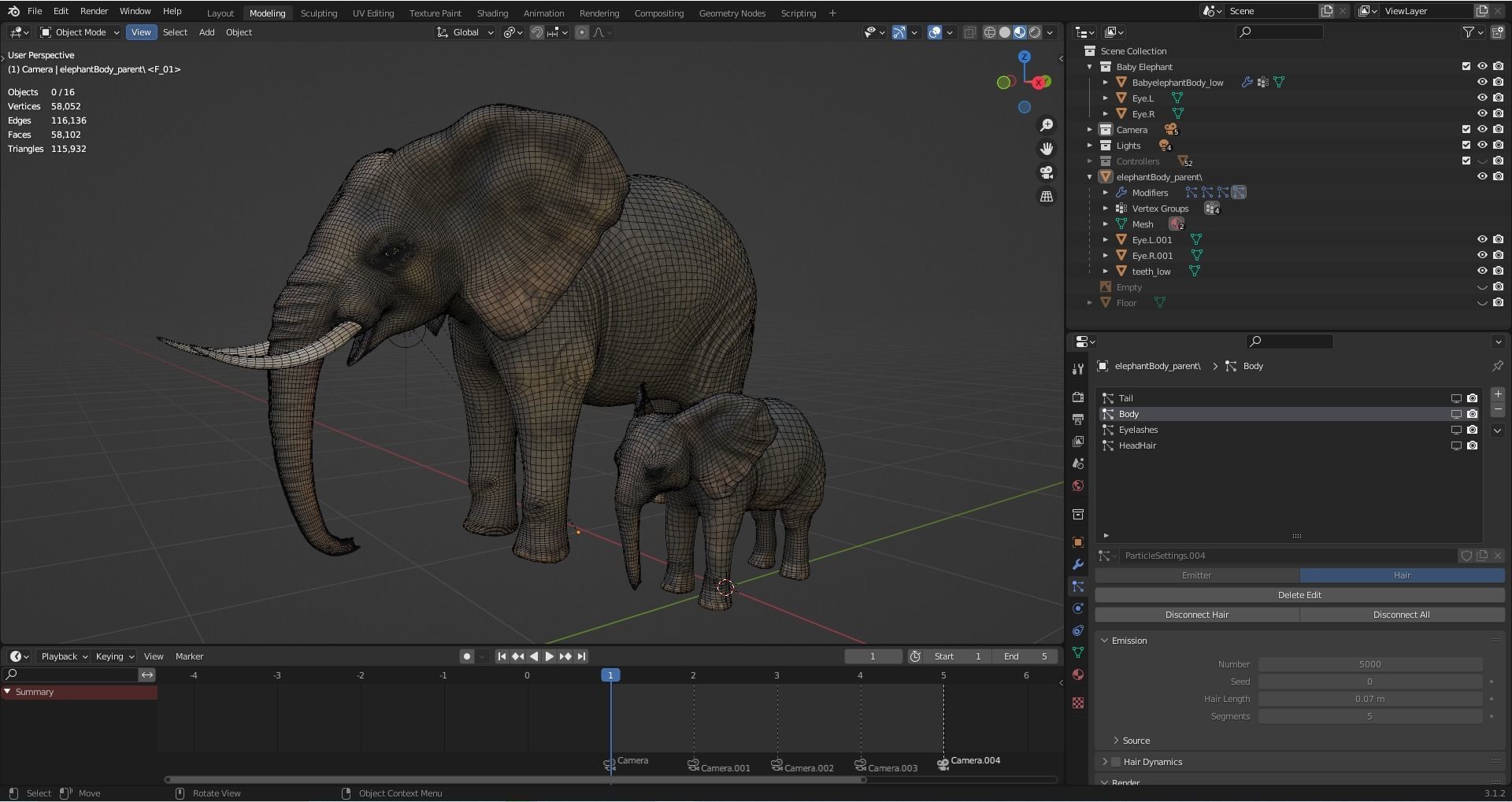 Fur Elephant and Baby Elephant NO Rigged in Blender Low-poly 3D model_7