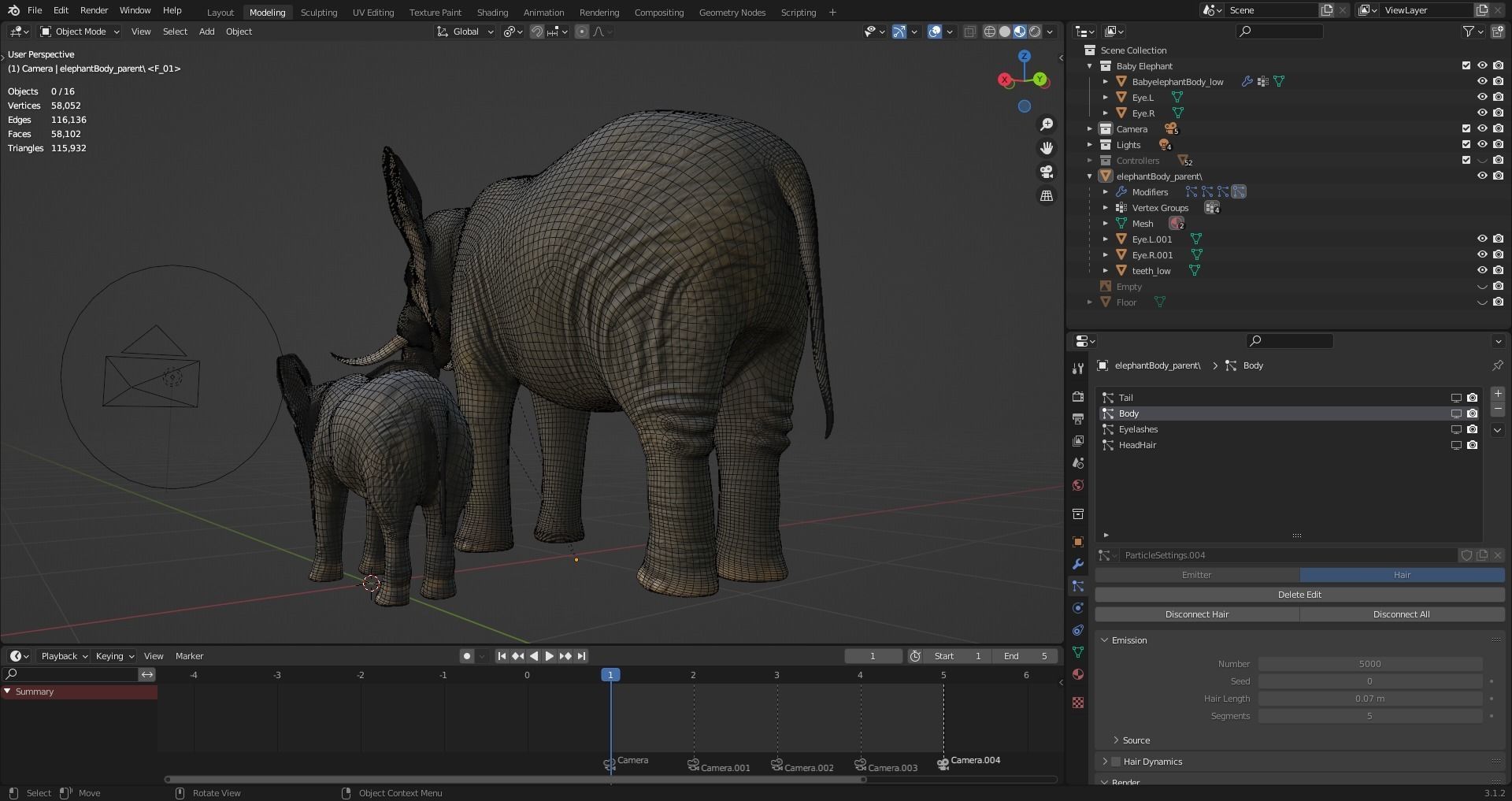 Fur Elephant and Baby Elephant NO Rigged in Blender Low-poly 3D model_8