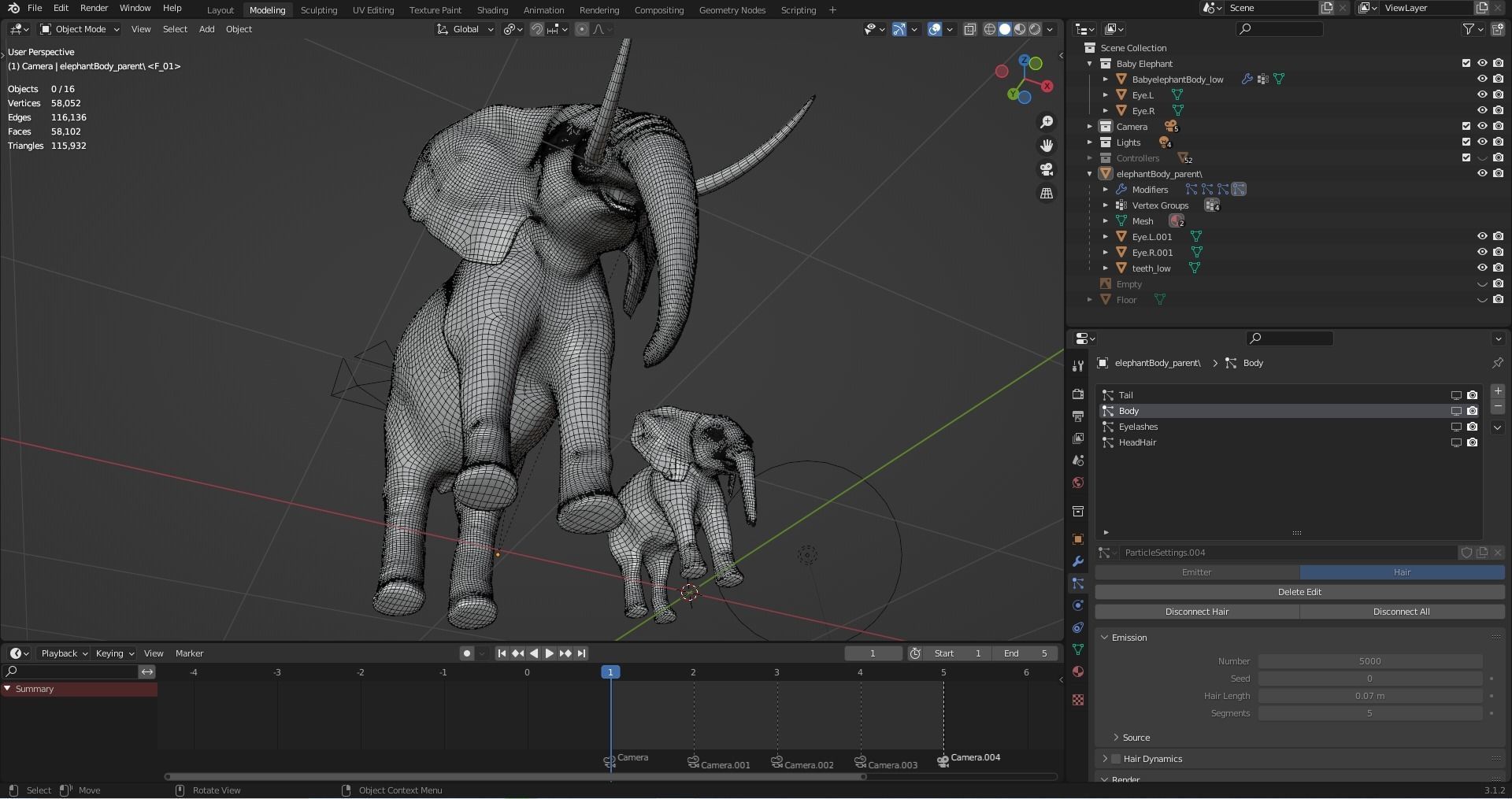 Fur Elephant and Baby Elephant NO Rigged in Blender Low-poly 3D model_6