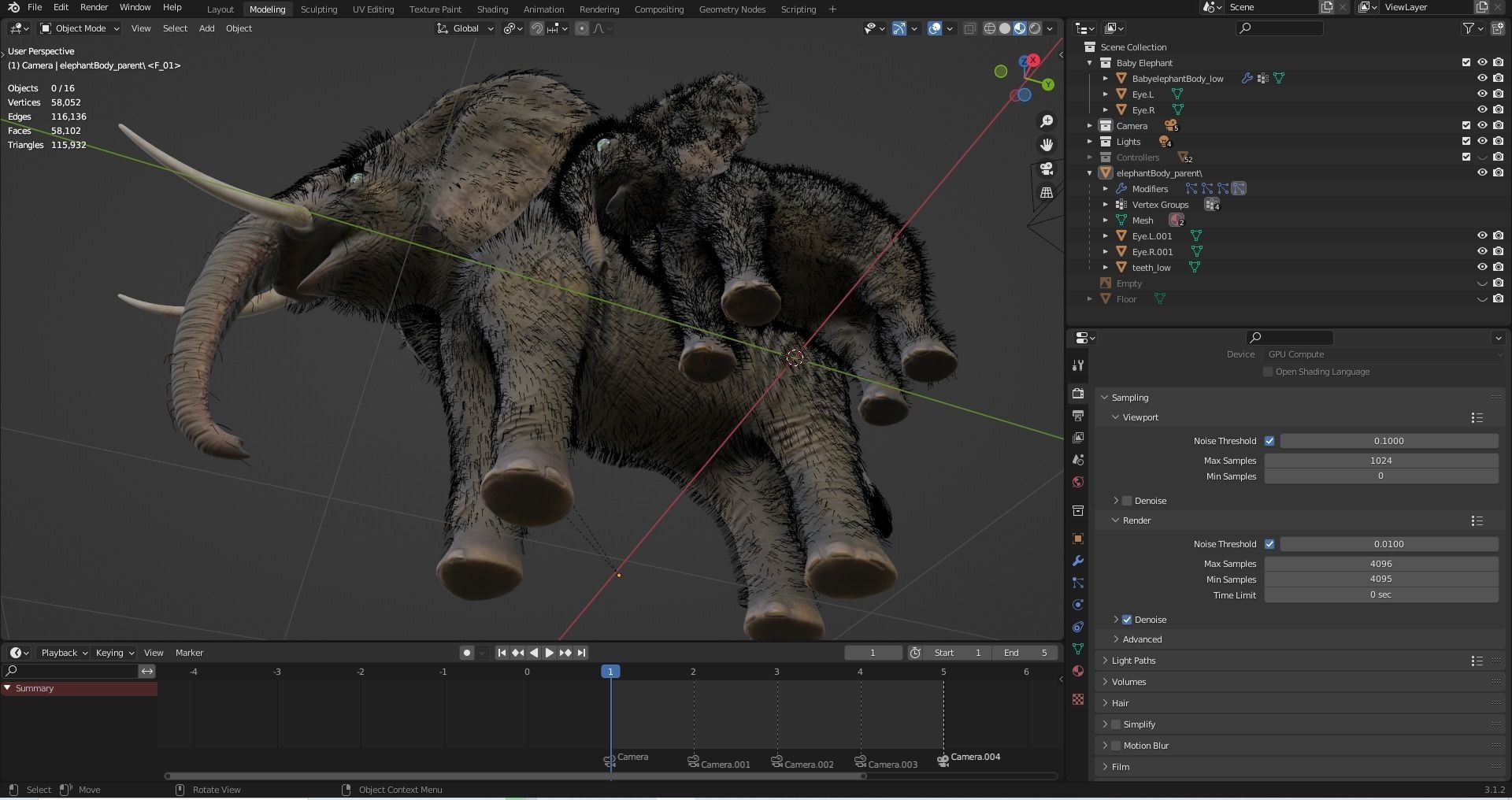 Fur Elephant and Baby Elephant NO Rigged in Blender Low-poly 3D model_10