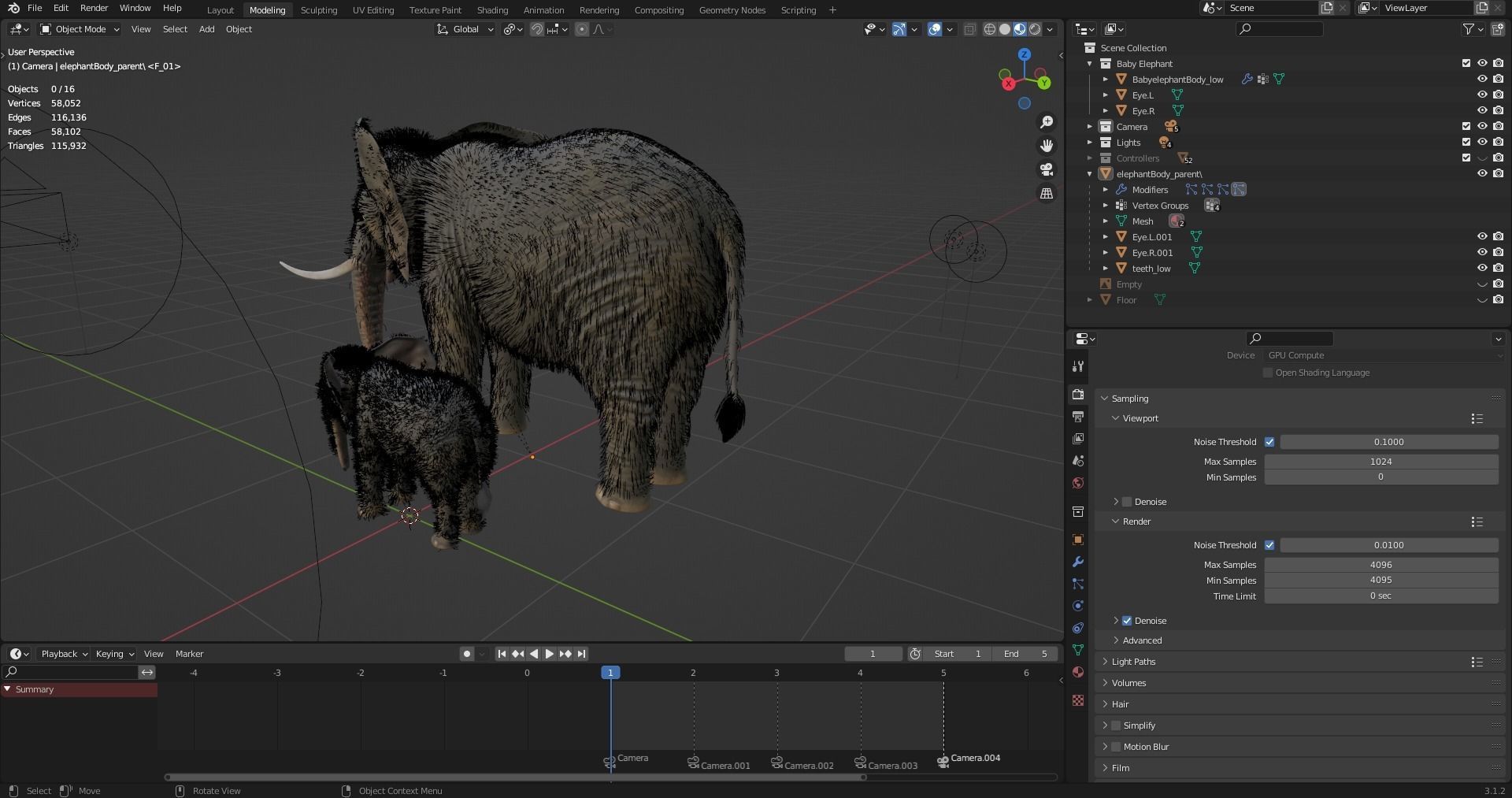 Fur Elephant and Baby Elephant NO Rigged in Blender Low-poly 3D model_12