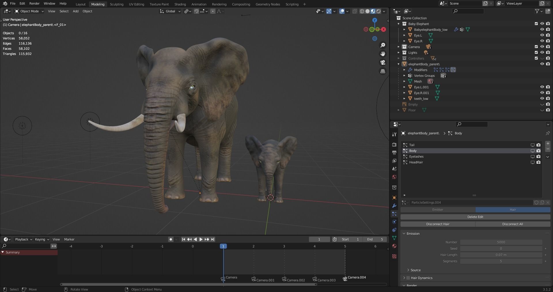 Fur Elephant and Baby Elephant NO Rigged in Blender Low-poly 3D model_11