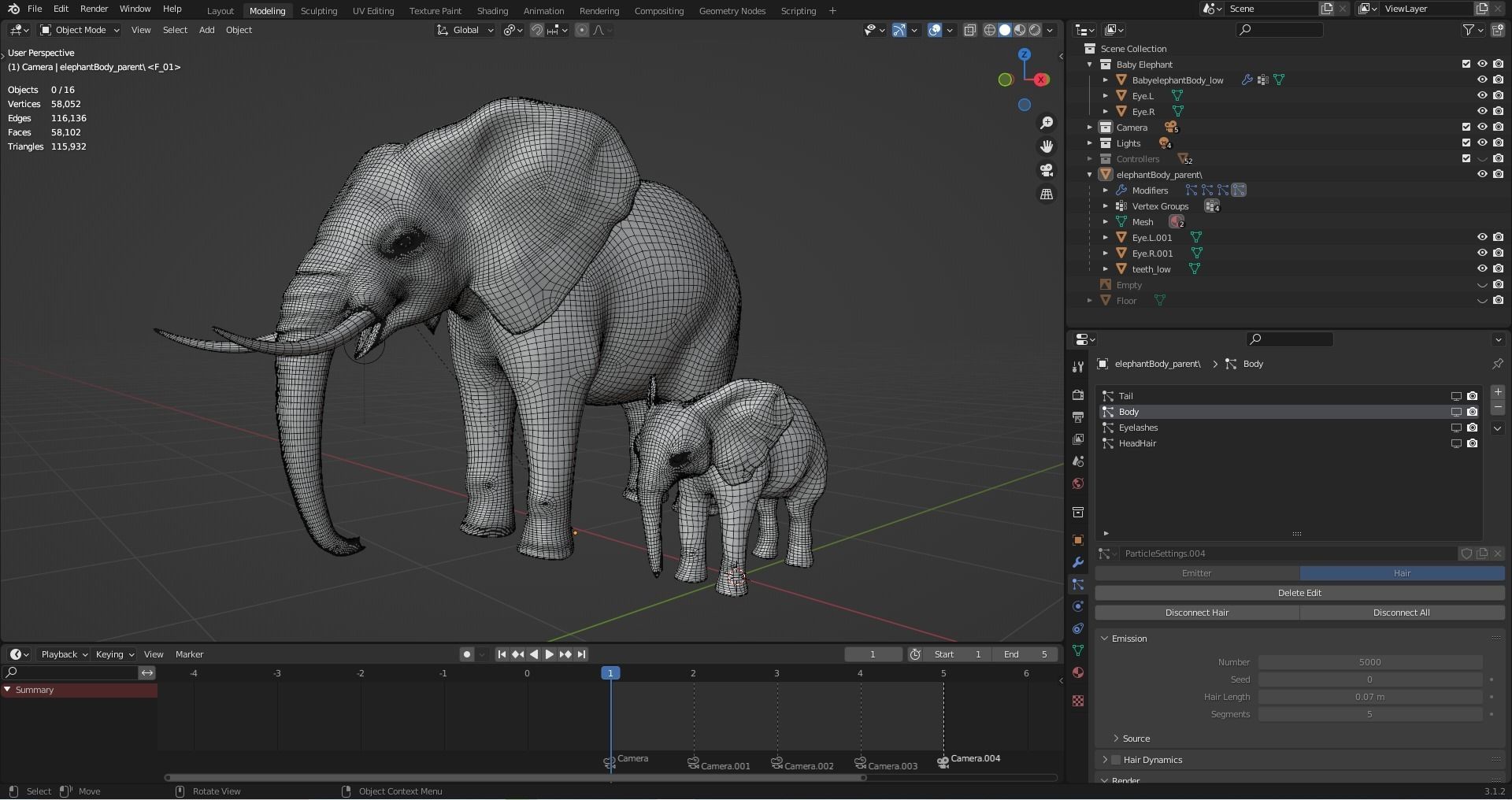 Fur Elephant and Baby Elephant NO Rigged in Blender Low-poly 3D model_9