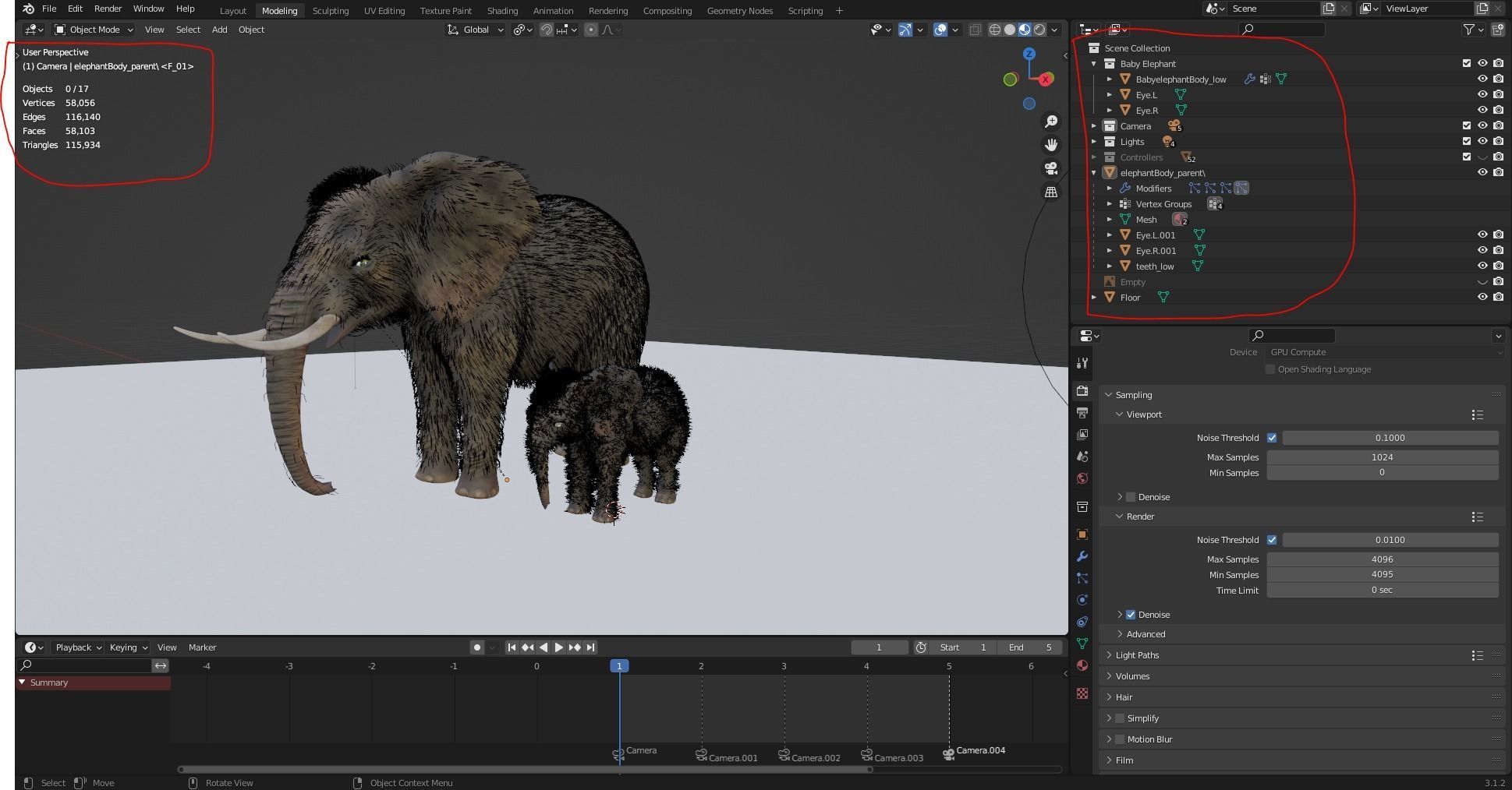 Fur Elephant and Baby Elephant NO Rigged in Blender Low-poly 3D model_5