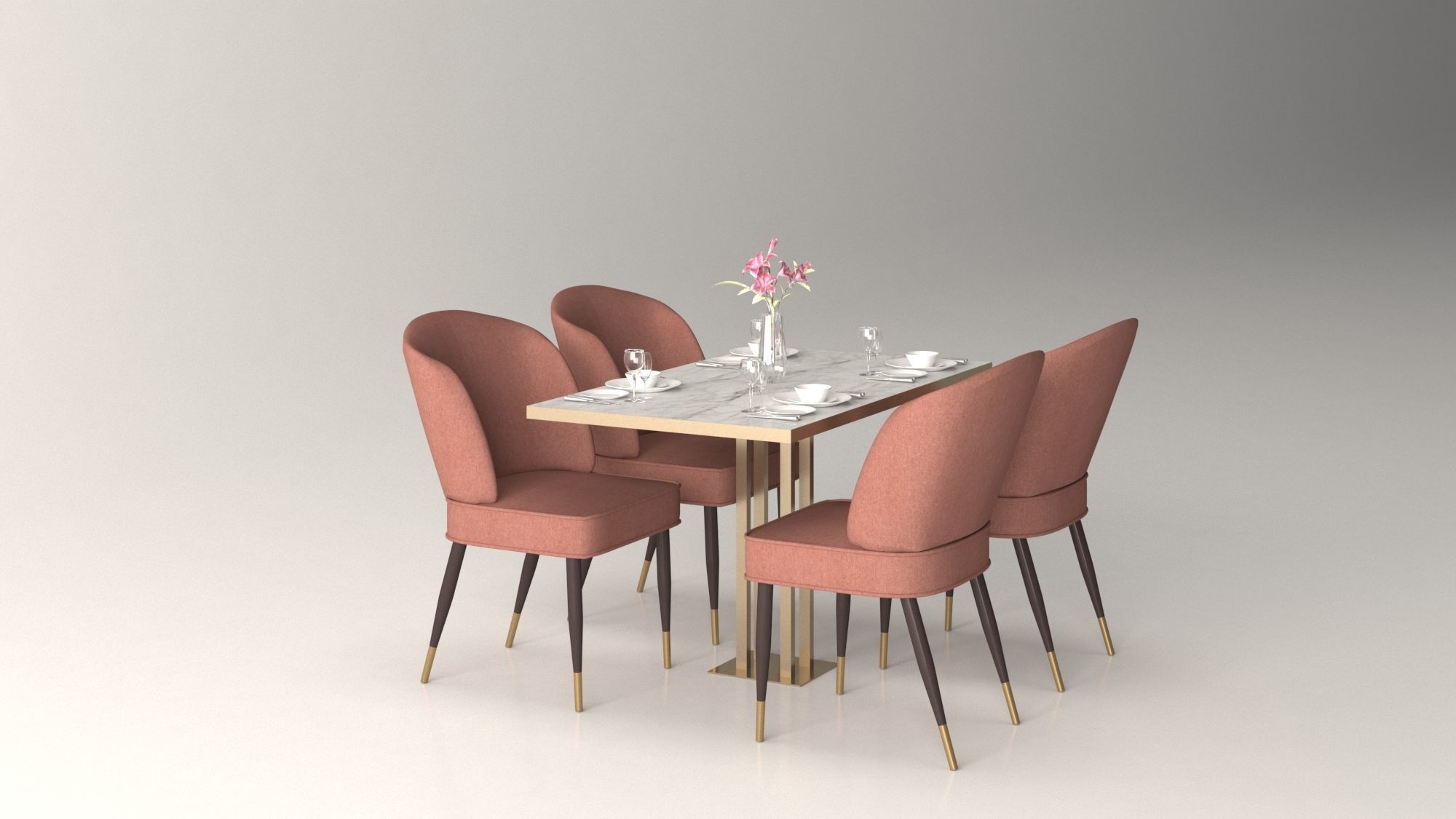 Dinner Set with Table and Chairs Low-poly 3D model_1