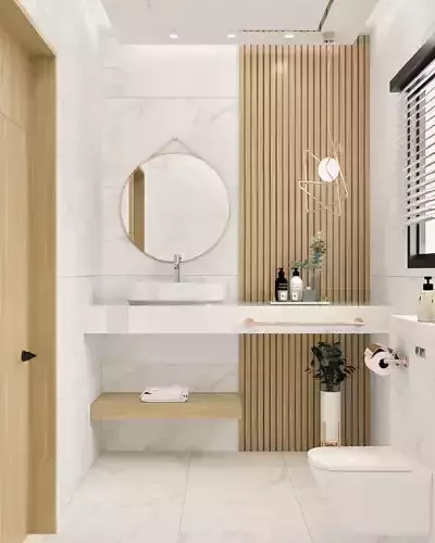 bathroom modern with walls and wooden accents