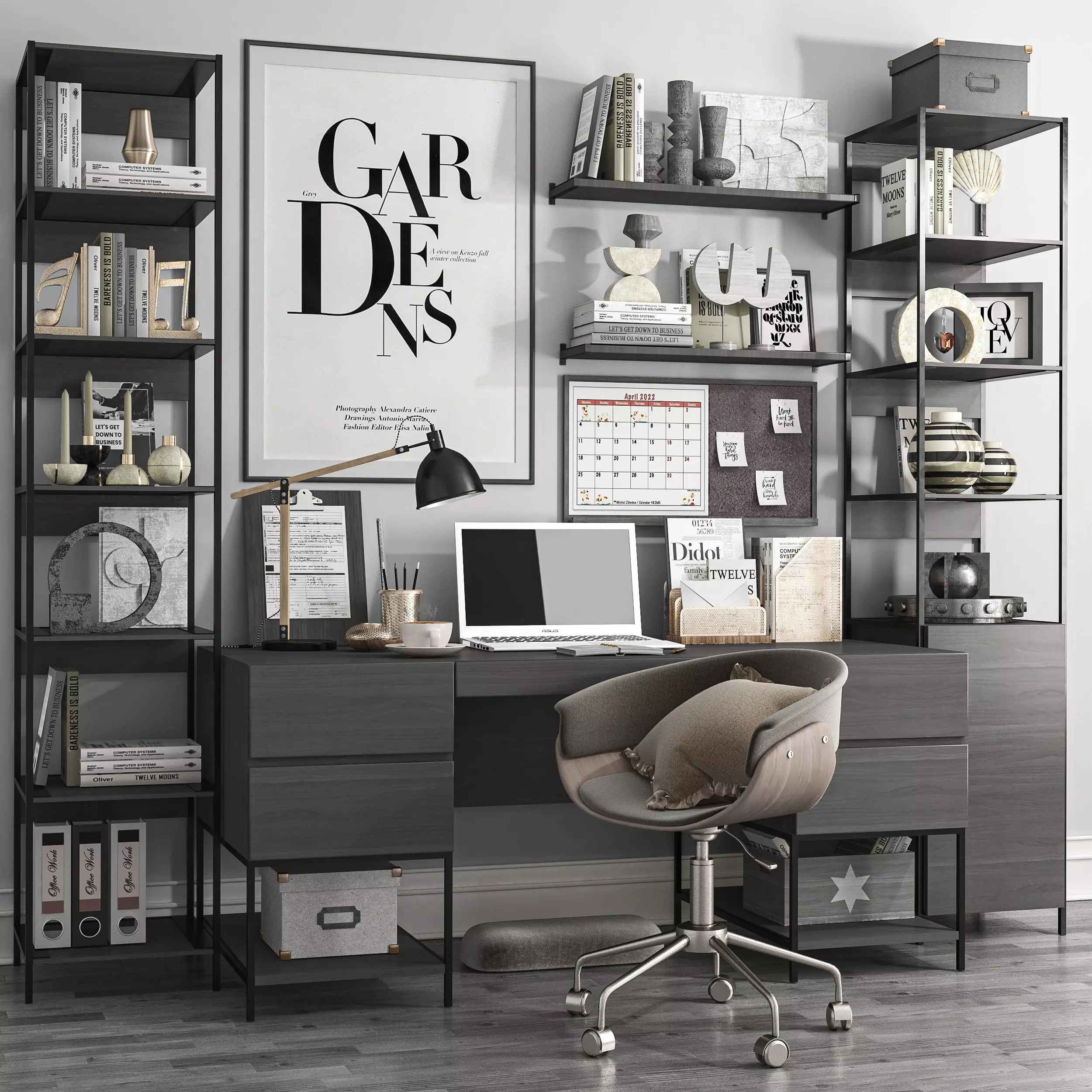 Workplace8 home office with bookshelves and desk 3D model