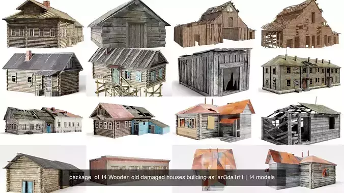 package  of 14 Wooden old damaged houses building as1da1rf1 3D Model Collection
