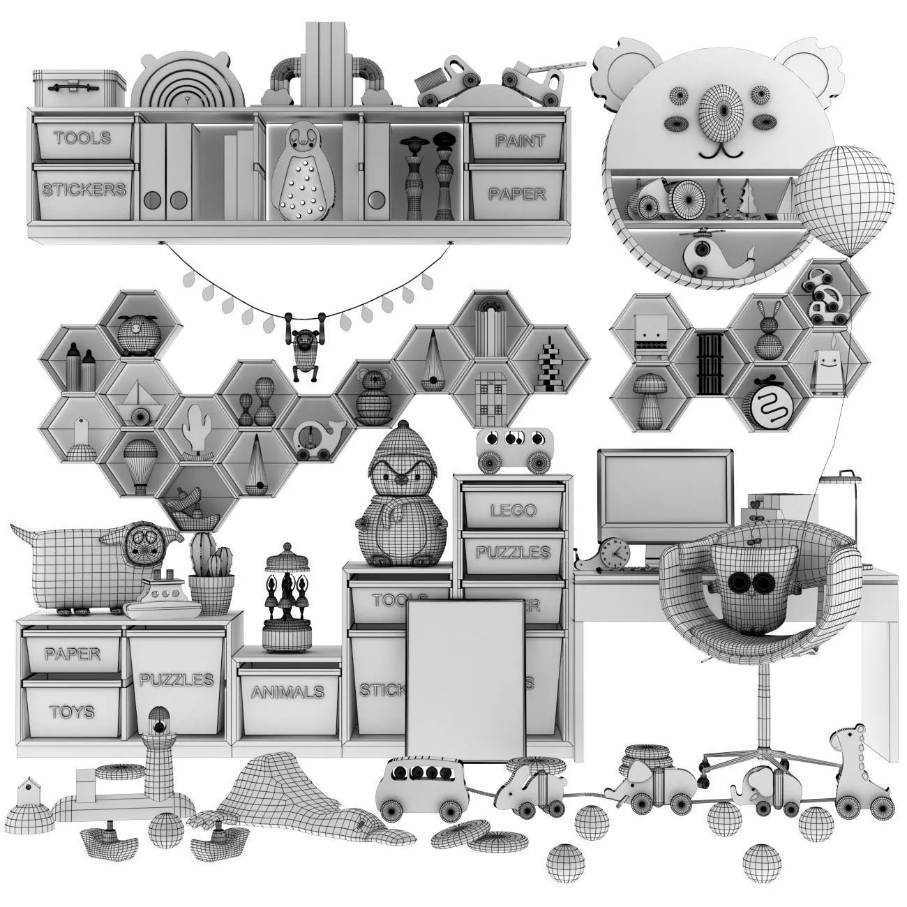 toys and furniture set Low-poly 3D model