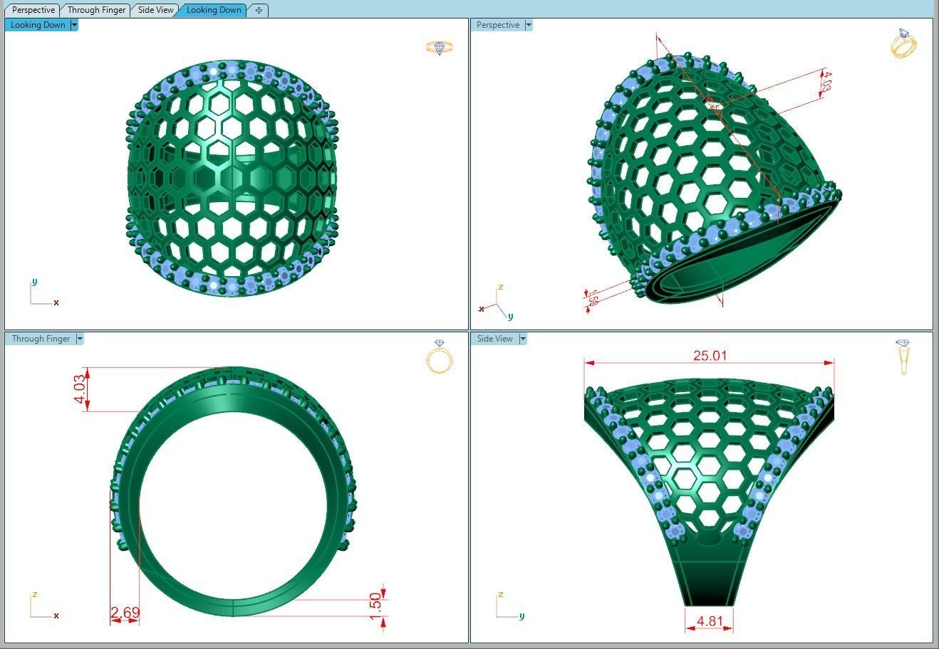 Ring380 honeycomb ring gold with diamonds 3D print model_4