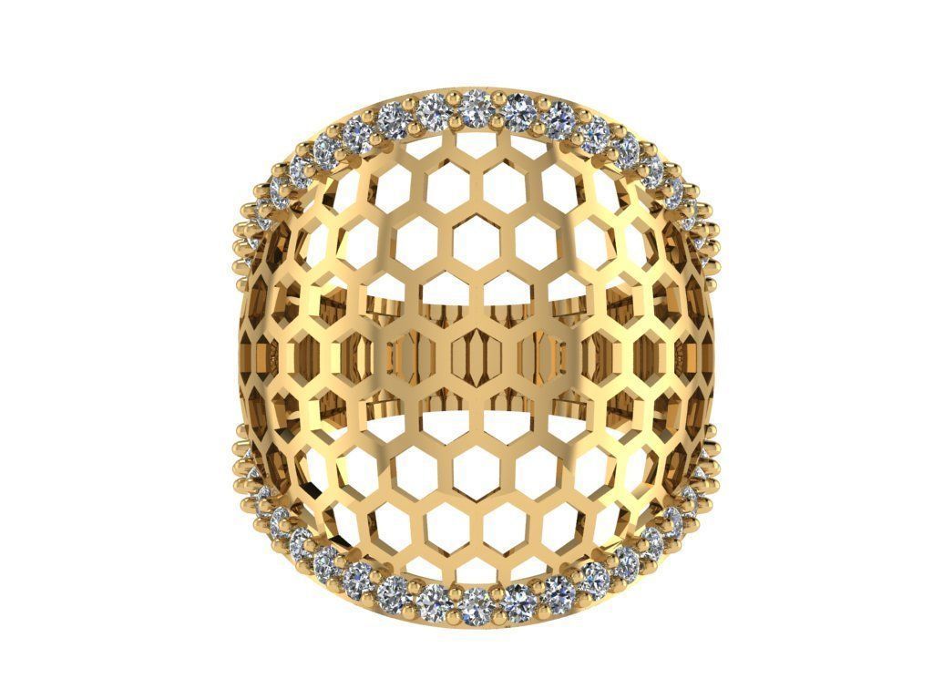 Ring380 honeycomb ring gold with diamonds 3D print model_1