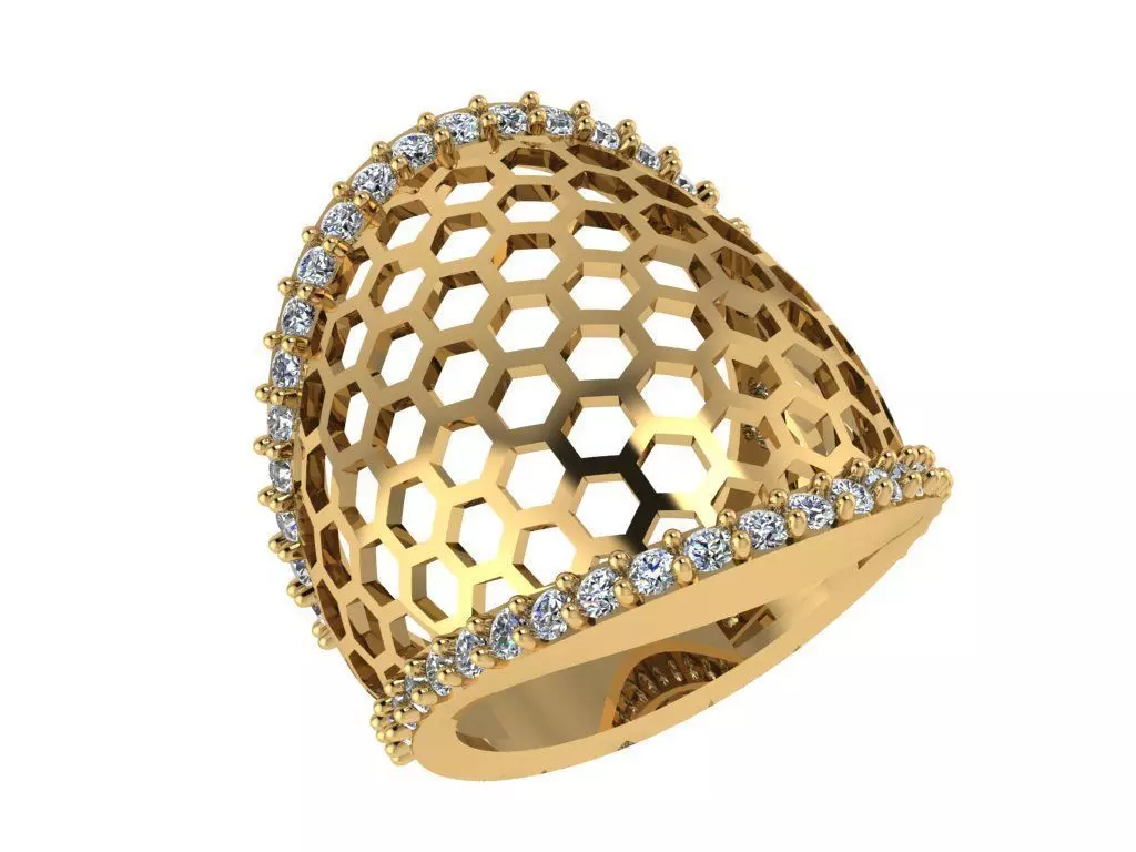 Ring380 honeycomb ring gold with diamonds 3D print model_0