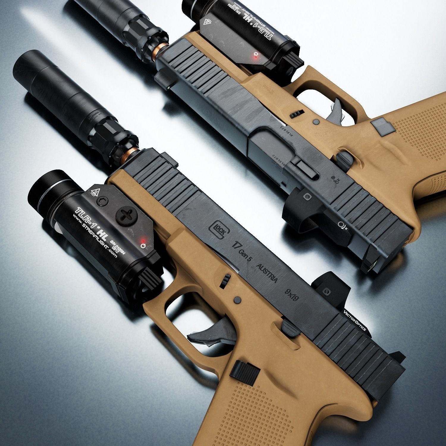 Glock G17 Gen5 FR Coyote with attachments Low-poly 3D model_7