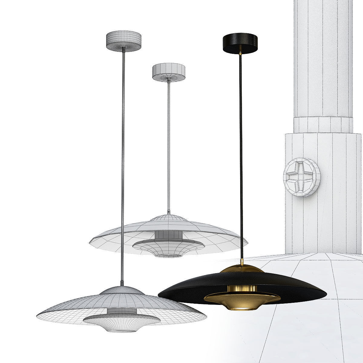 KEIJO three pendant lights gold 3D model_1