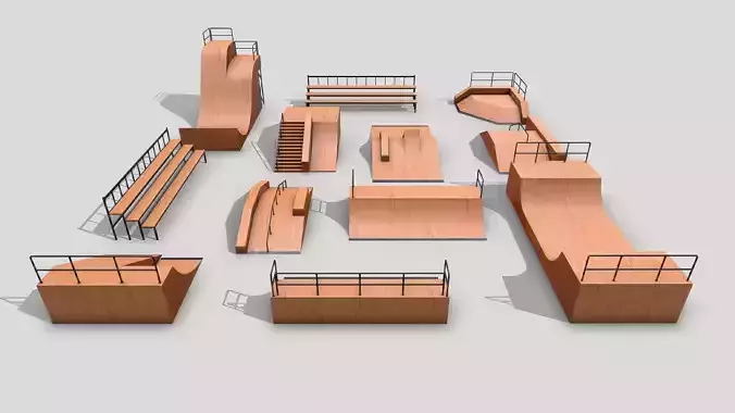 Modular Wooden Skatepark Low-poly 3D model