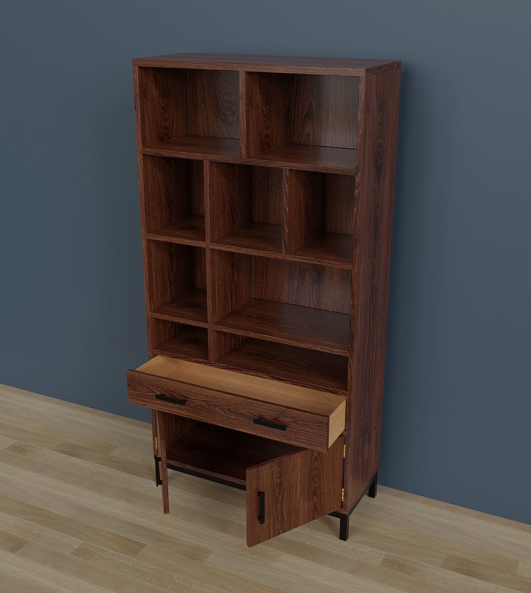 Bookcase with drawer and doors Low-poly 3D model_2
