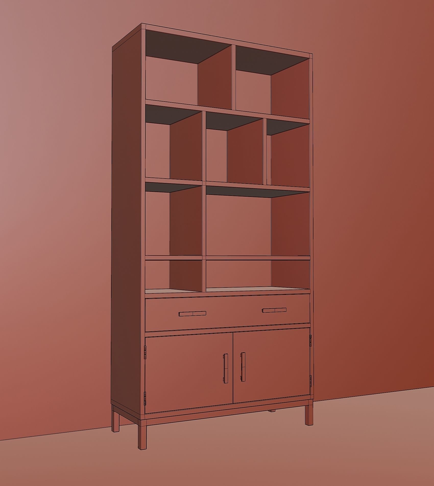 Bookcase with drawer and doors Low-poly 3D model_4