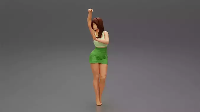 Woman posing wearing leather skirt and shirt