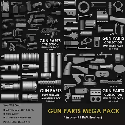 GUN PARTS MEGA PACK 4 IN ONE  91 BRUSHES 3D model