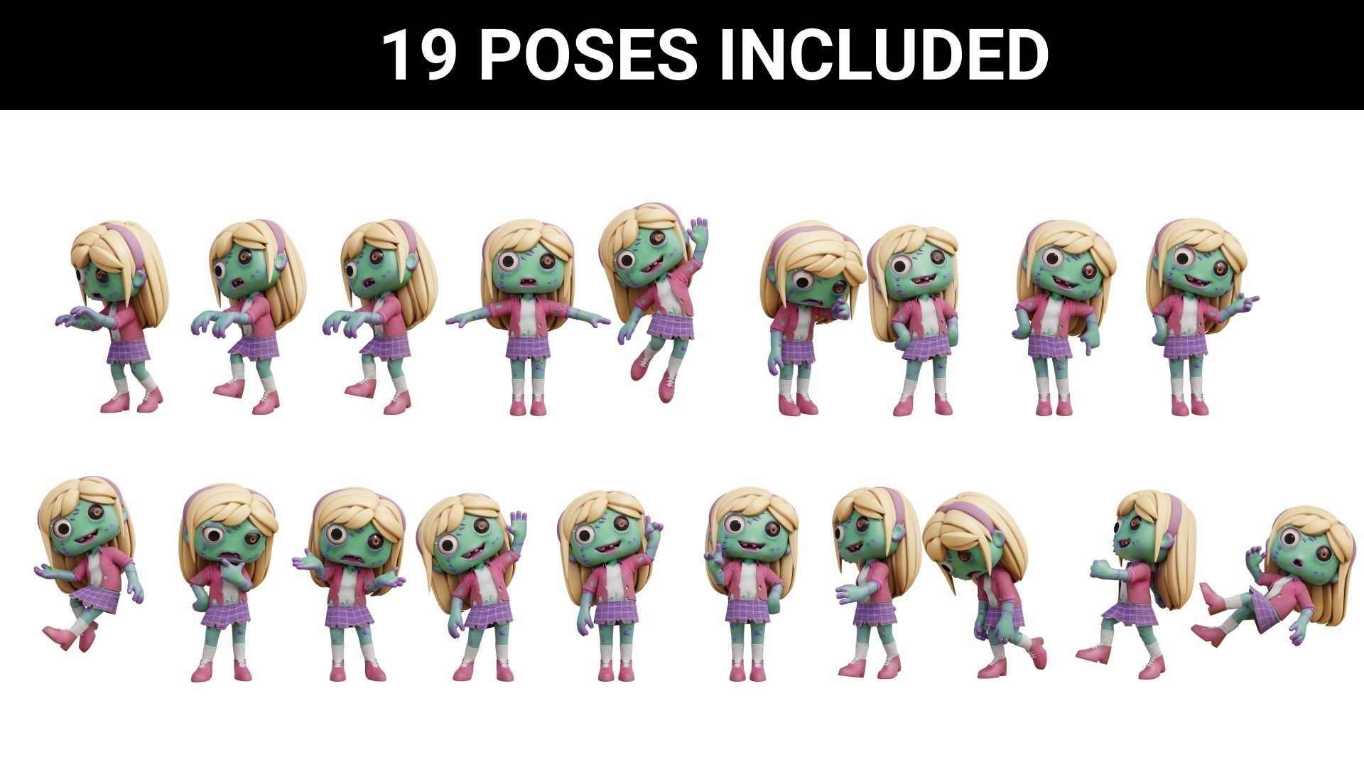 Cartoon Female Zombie Low-poly 3D model_2