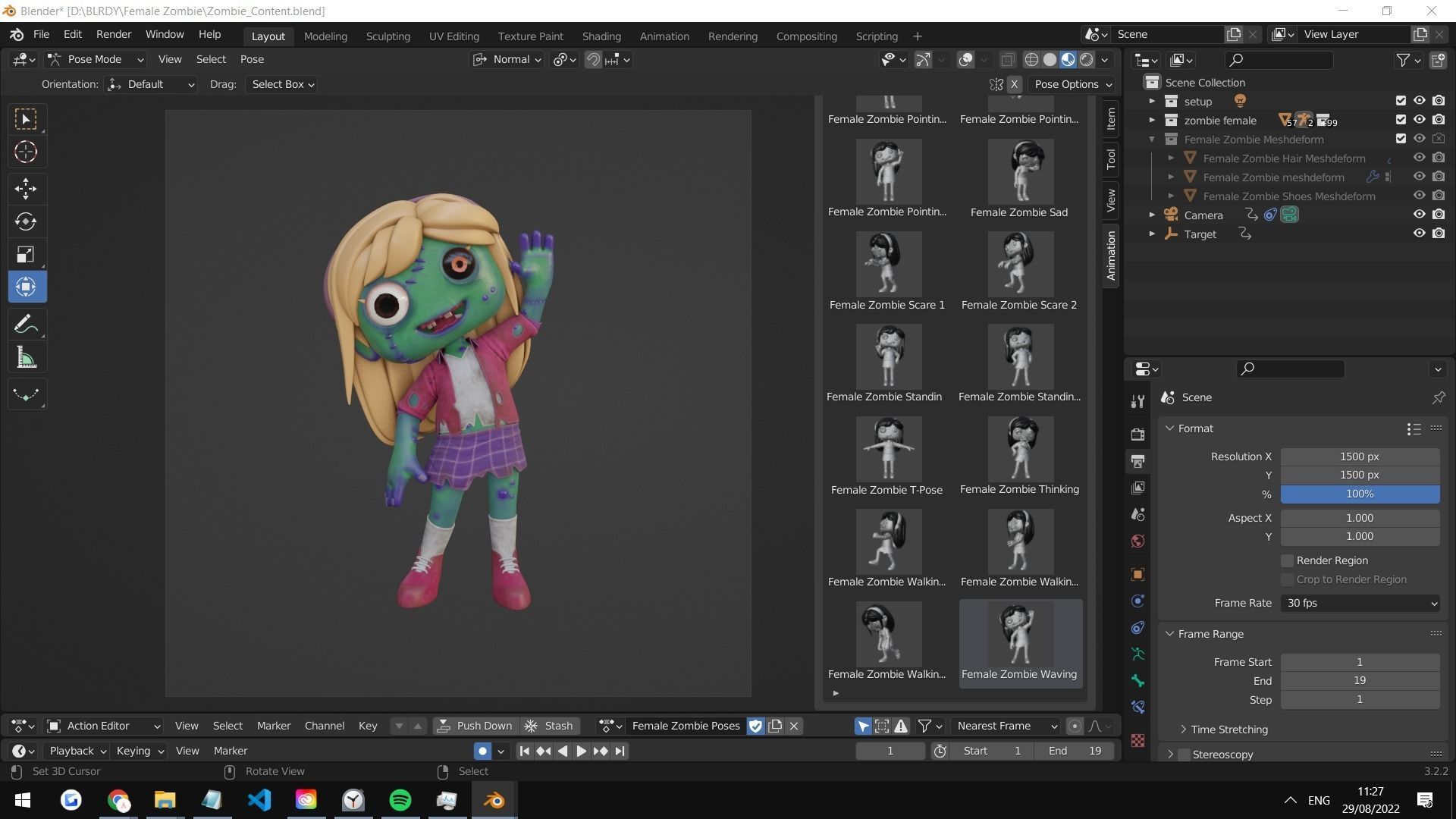 Cartoon Female Zombie Low-poly 3D model_1