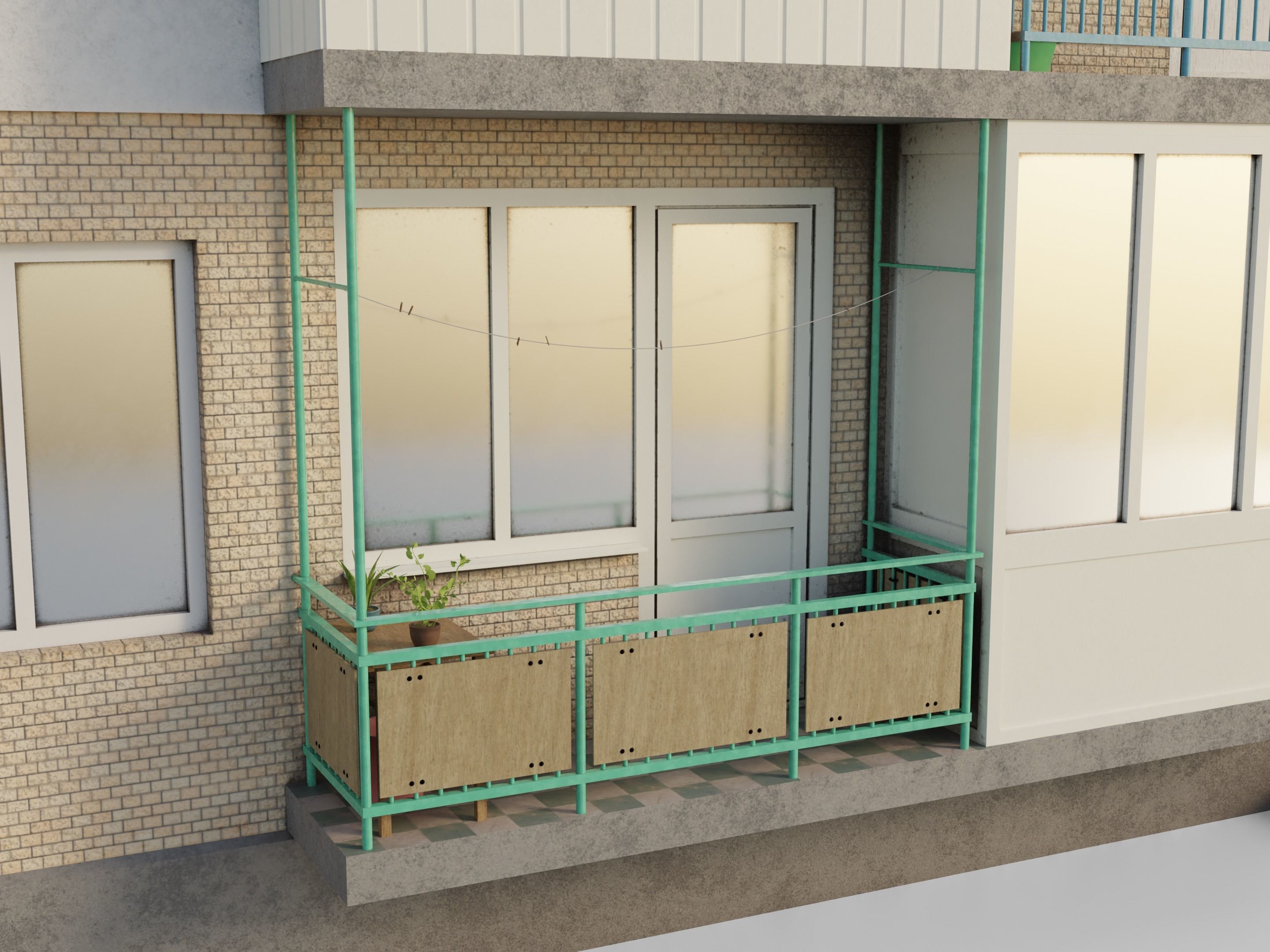 Two-Story Apartment Building Tile 3D model_17