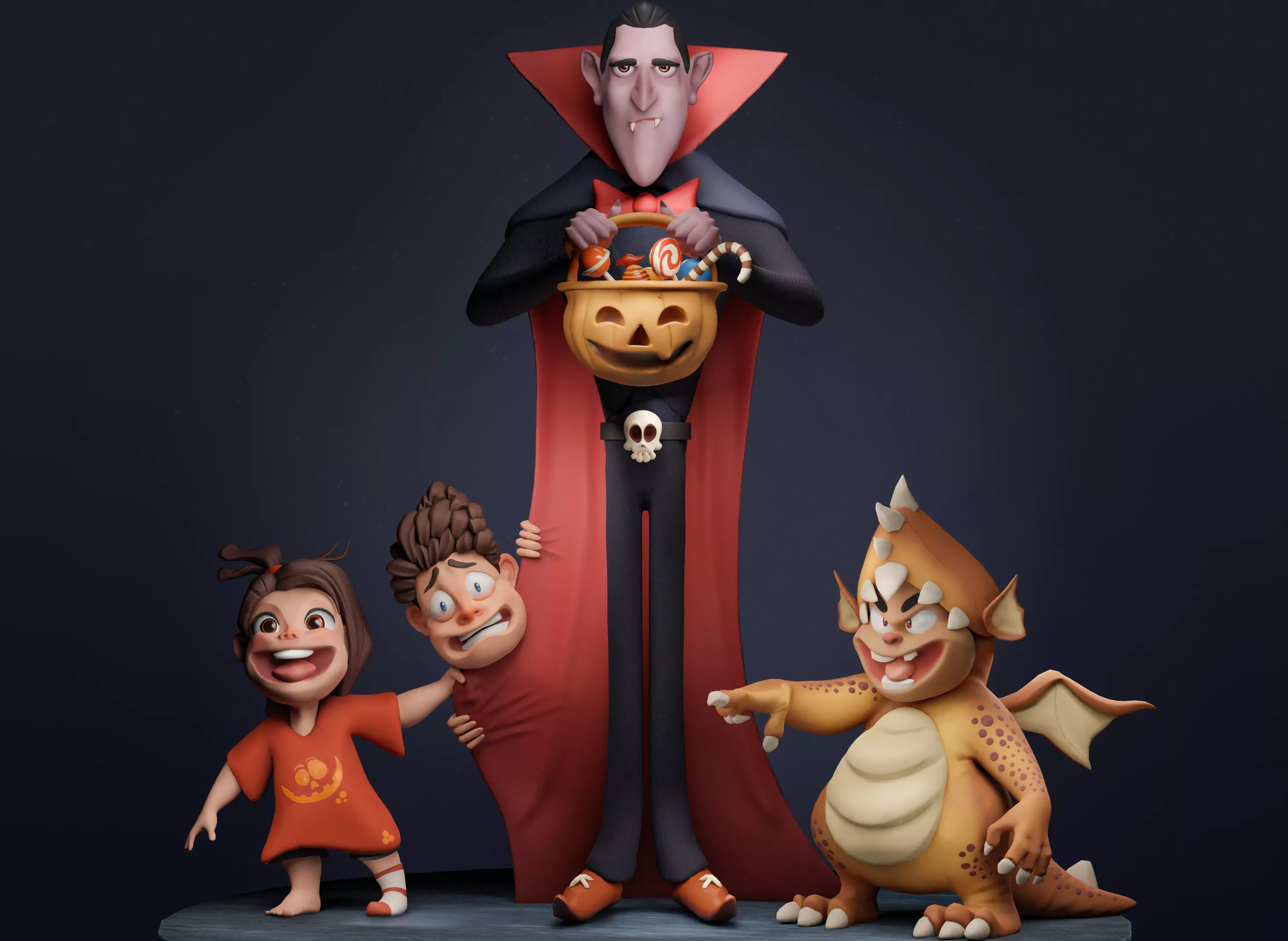 Halloween Special 4 Stylized Characters Including Pumpkin Basket 3D model_0