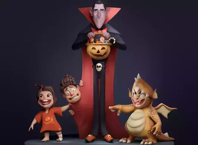 Halloween Special 4 Stylized Characters Including Pumpkin Basket 3D model