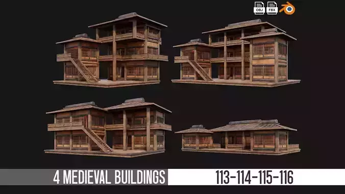 4 Old Japanese  Building Pack 4K Textures GameReady 113 to 116 Low-poly 3D model