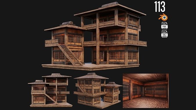 4 Old Japanese  Building Pack 4K Textures GameReady 113 to 116 Low-poly 3D model 2