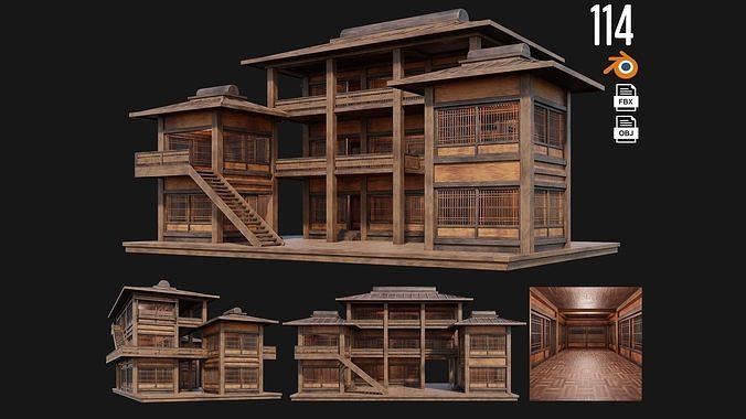 4 Old Japanese  Building Pack 4K Textures GameReady 113 to 116 Low-poly 3D model 3