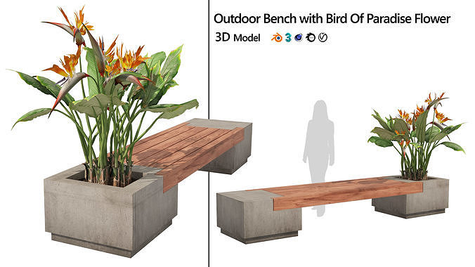 Outdoor bench with Bird Of Paradise flower Low-poly 3D model
