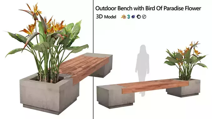 Outdoor bench with Bird Of Paradise flower Low-poly 3D model