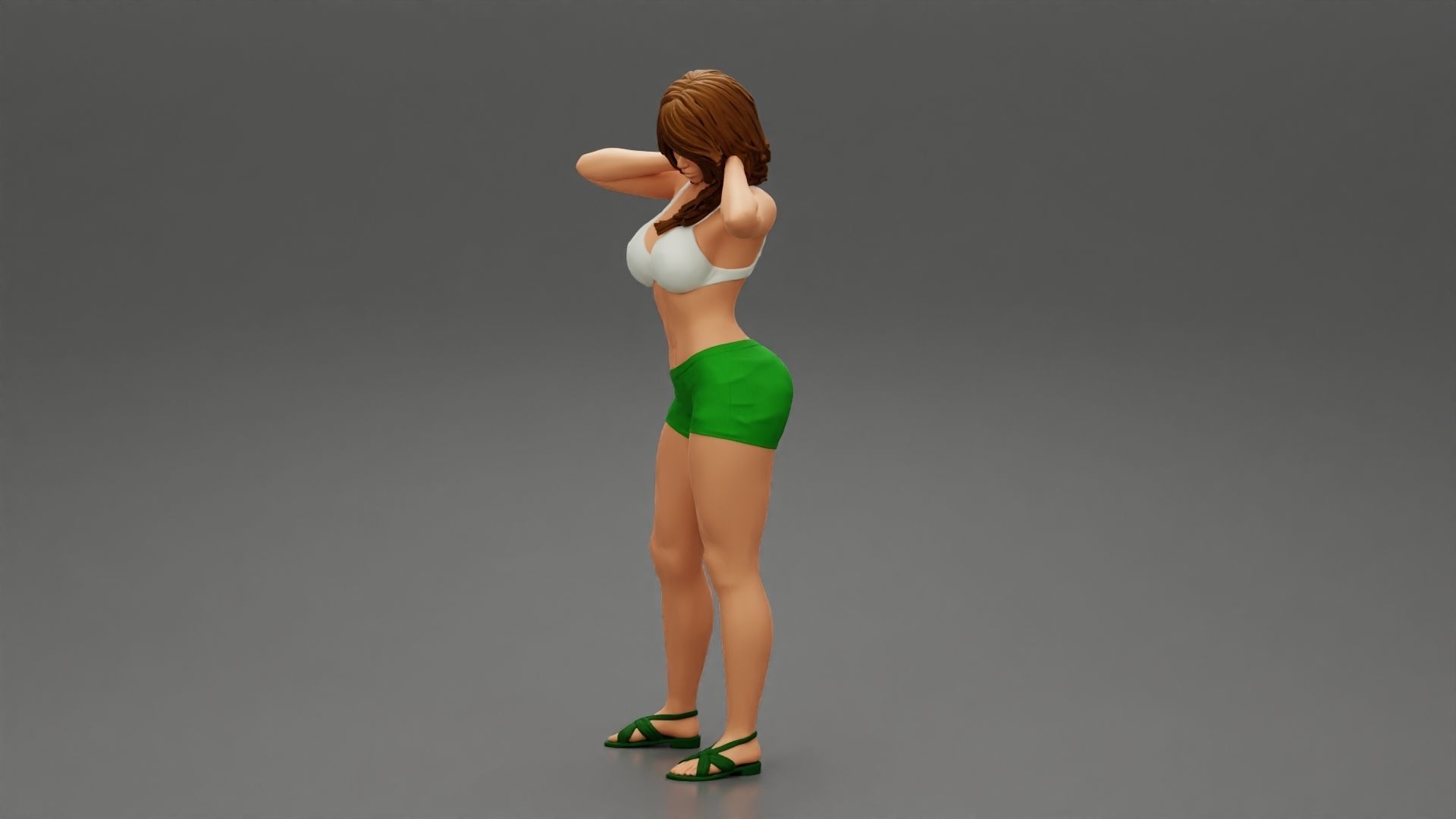 Tall beautiful brunette wearing short bra and sandals 3D print model_5