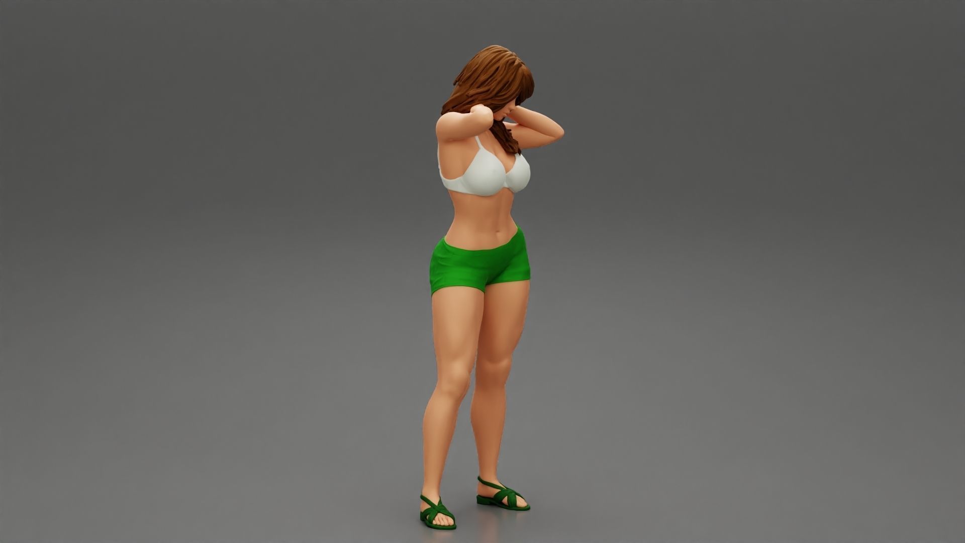 Tall beautiful brunette wearing short bra and sandals 3D print model_1
