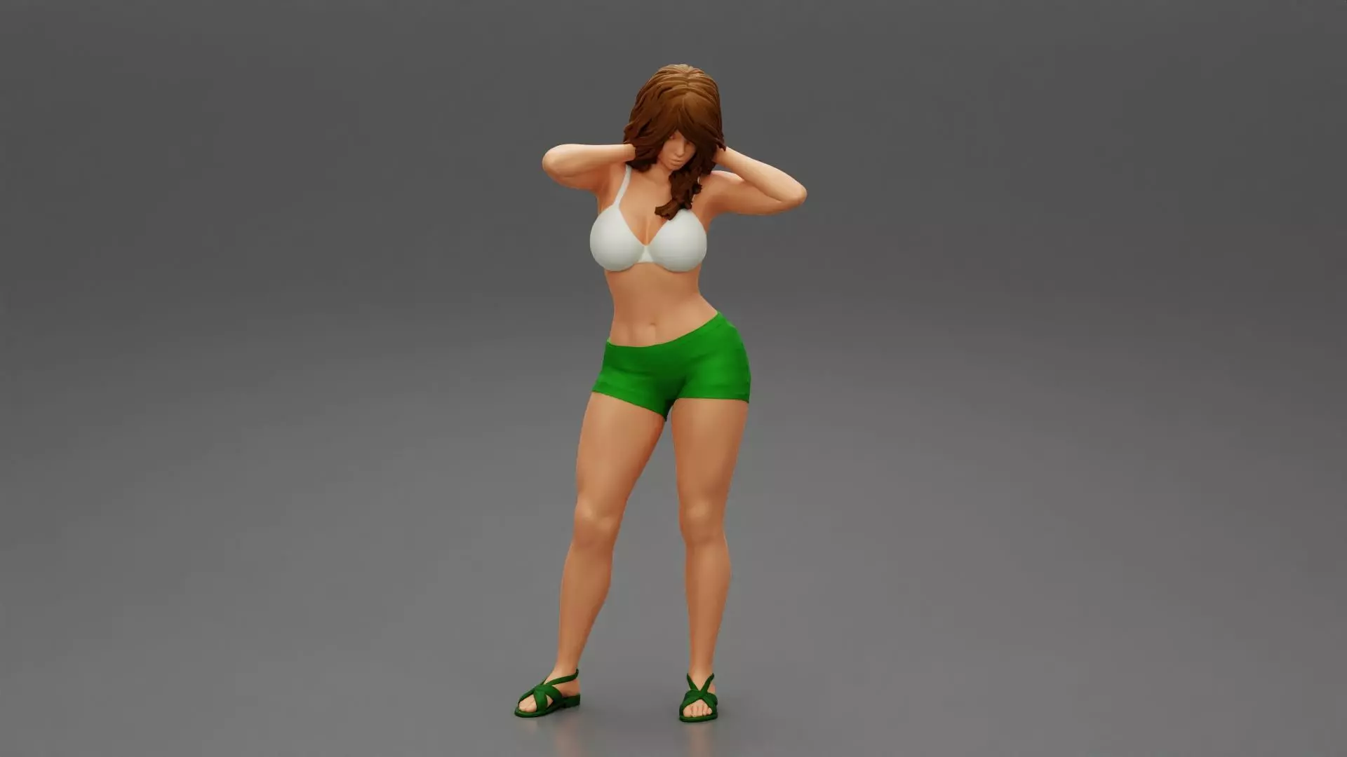 Tall beautiful brunette wearing short bra and sandals 3D print model_0