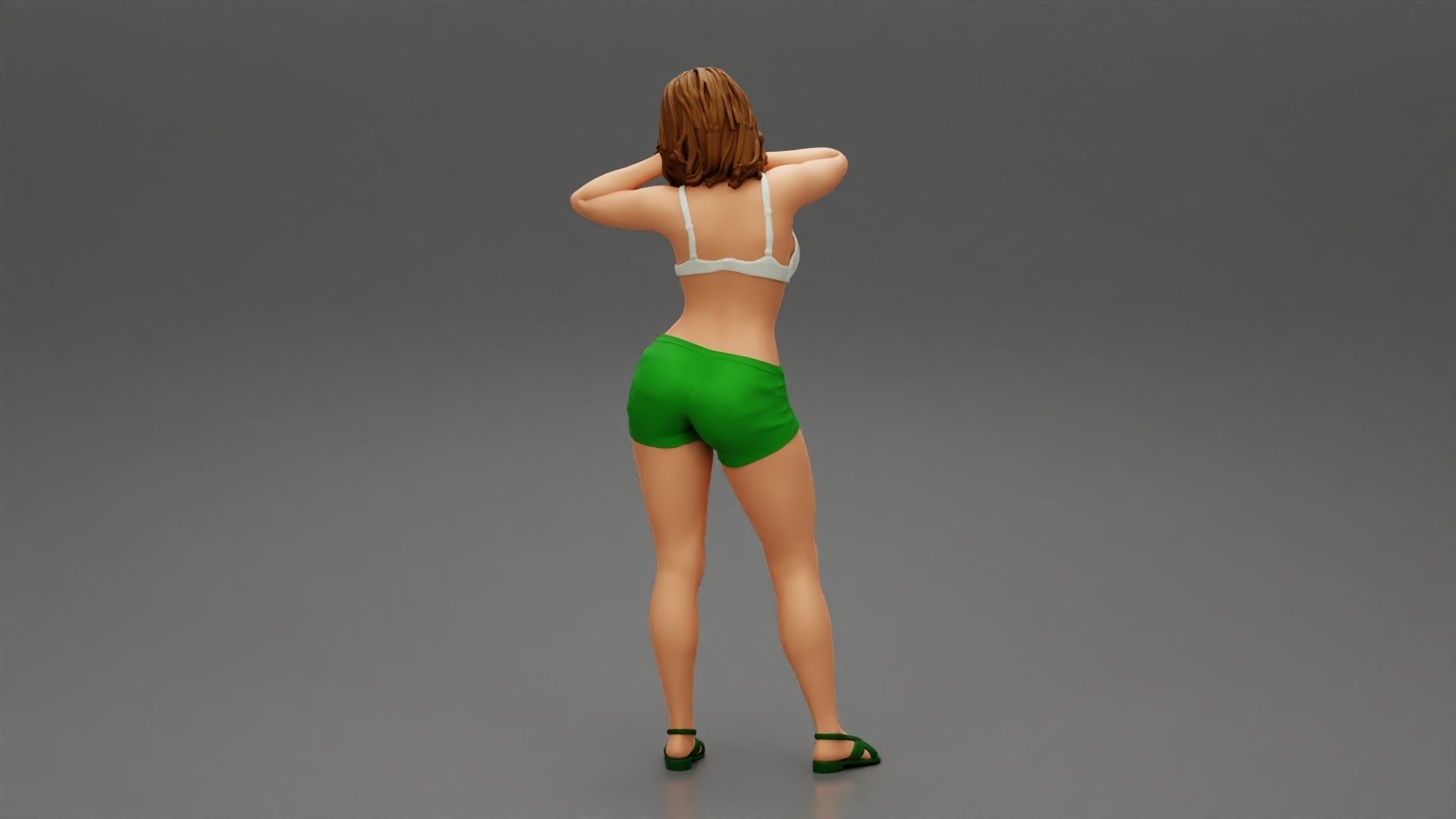 Tall beautiful brunette wearing short bra and sandals 3D print model_3