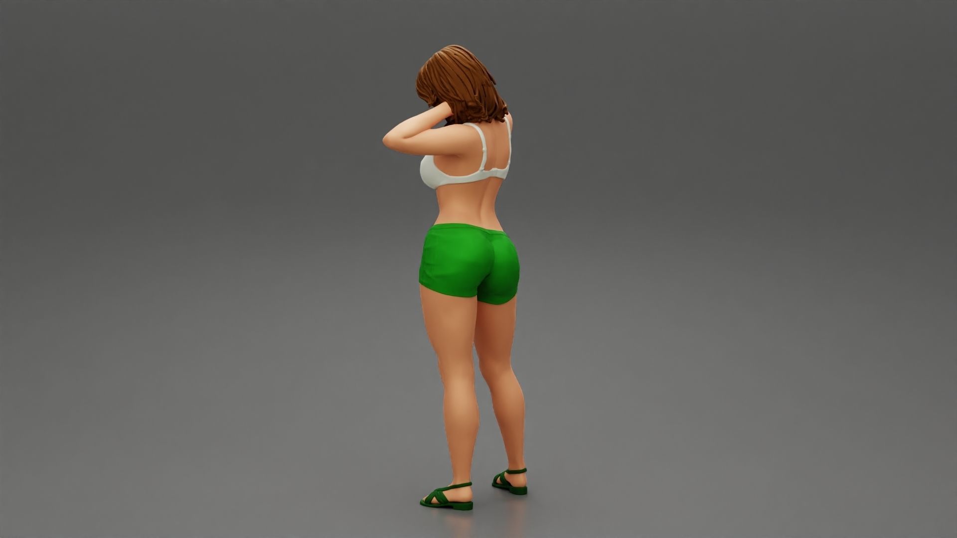 Tall beautiful brunette wearing short bra and sandals 3D print model_4