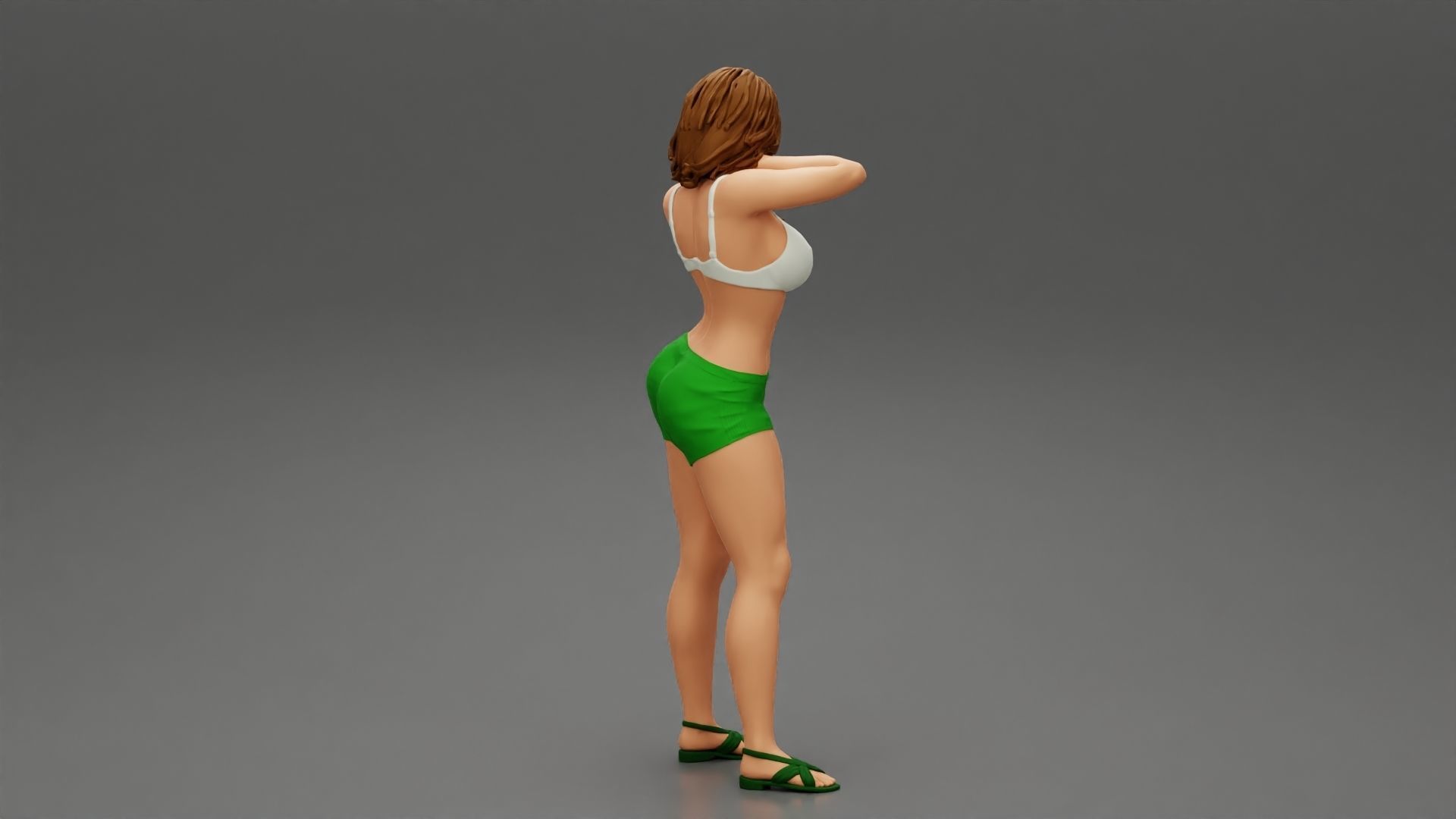 Tall beautiful brunette wearing short bra and sandals 3D print model_2