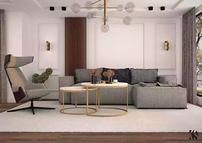 Living Room with Dining Room and Kitchen 3D Model