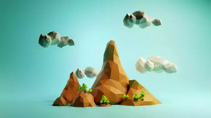 Stylized Low-Poly Mountain Terrain with Trees and Clouds