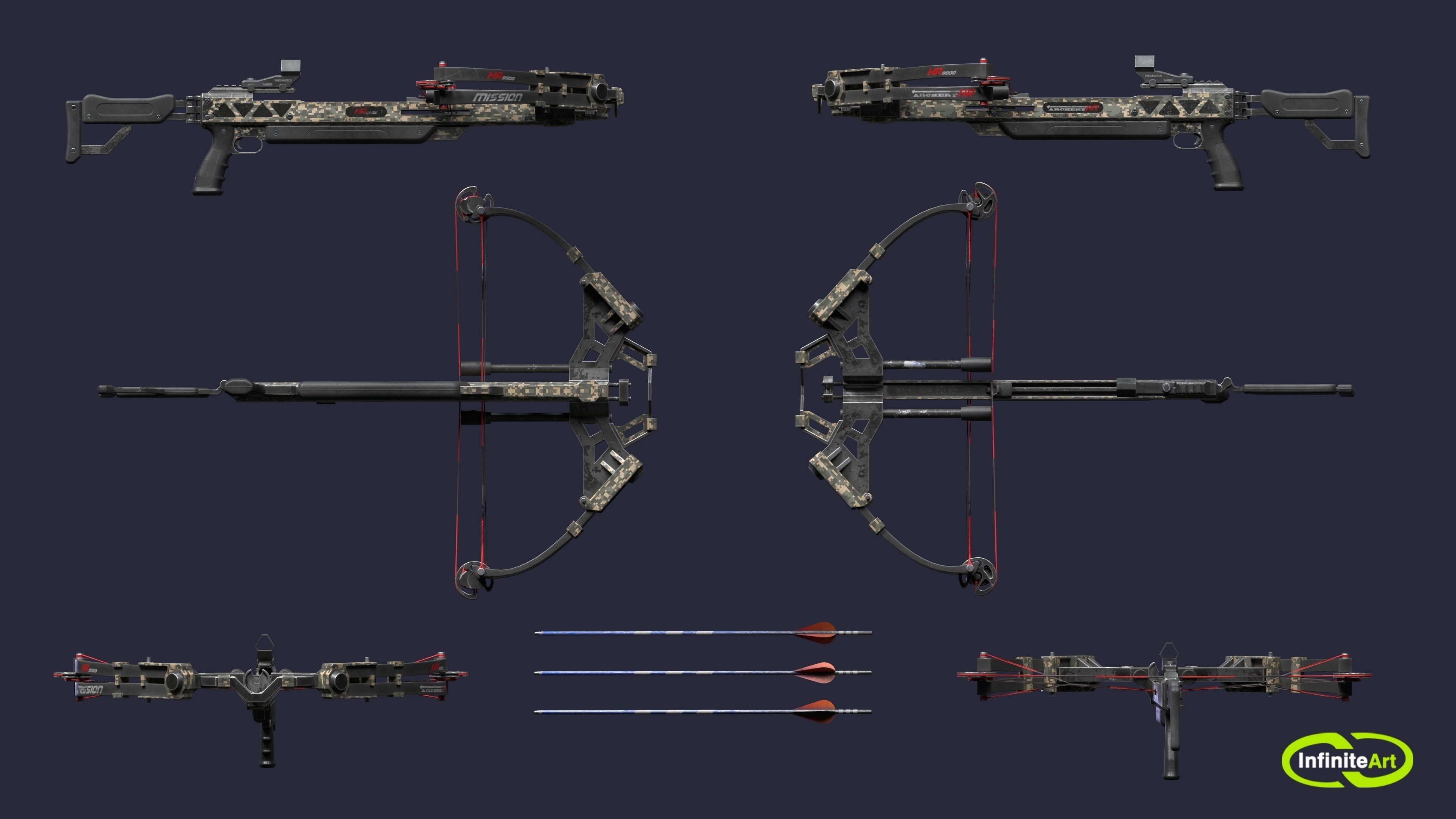 Crossbow and arrows Low-poly 3D model_4