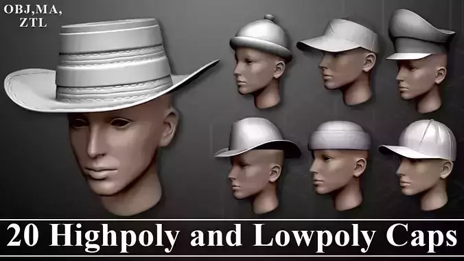 20 Highpoly and Lowpoly caps Low-poly 3D model