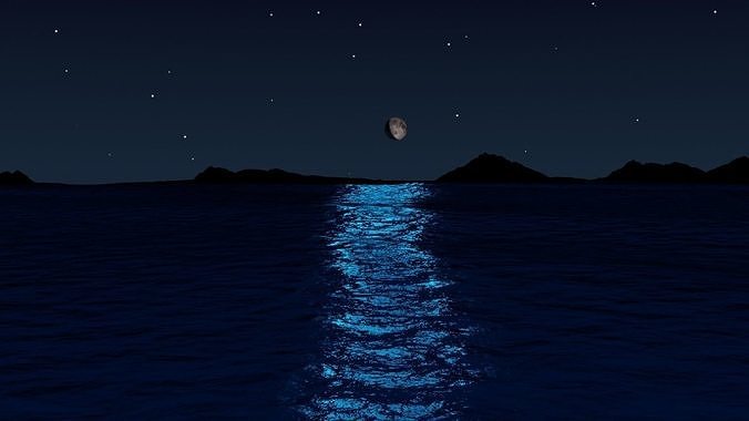 countryside ocean with moon in sky Free low-poly 3D model