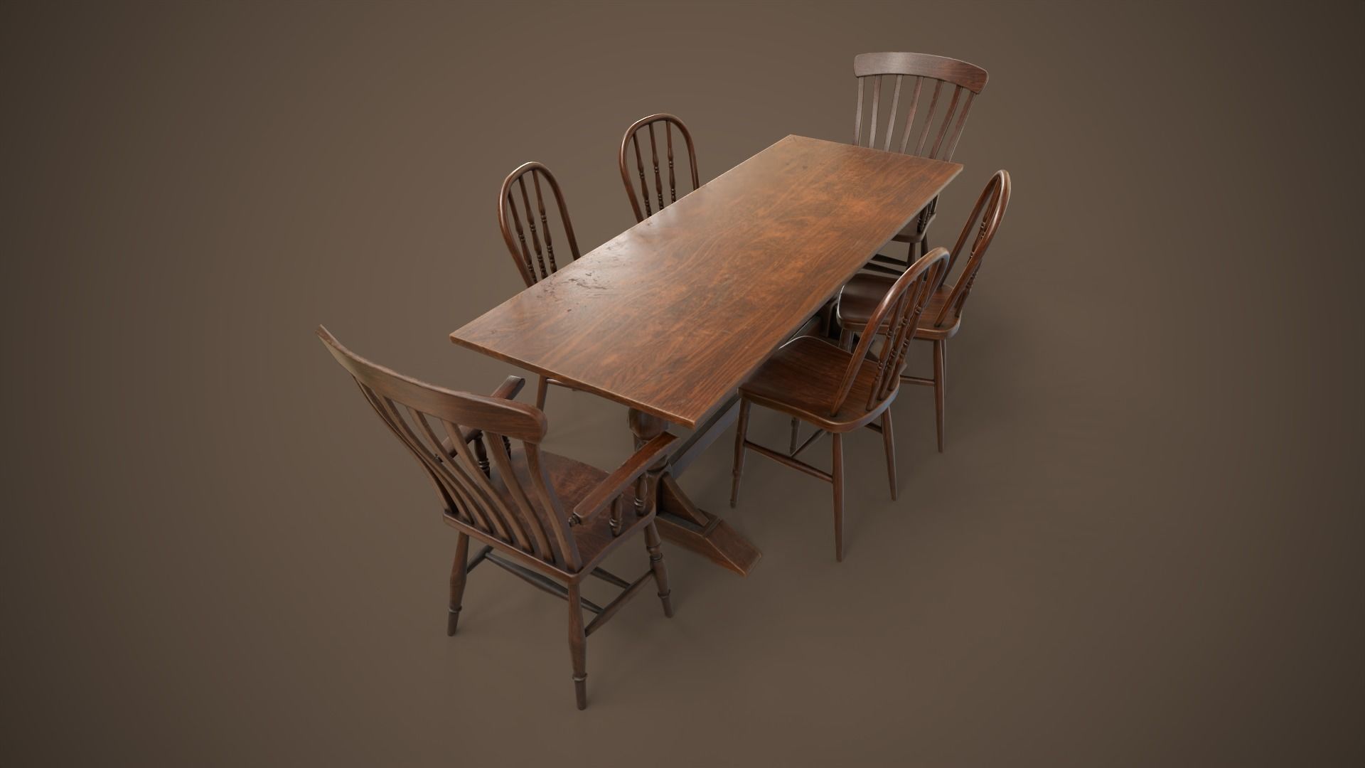 Vintage furniture table and chairs Low-poly 3D model_2