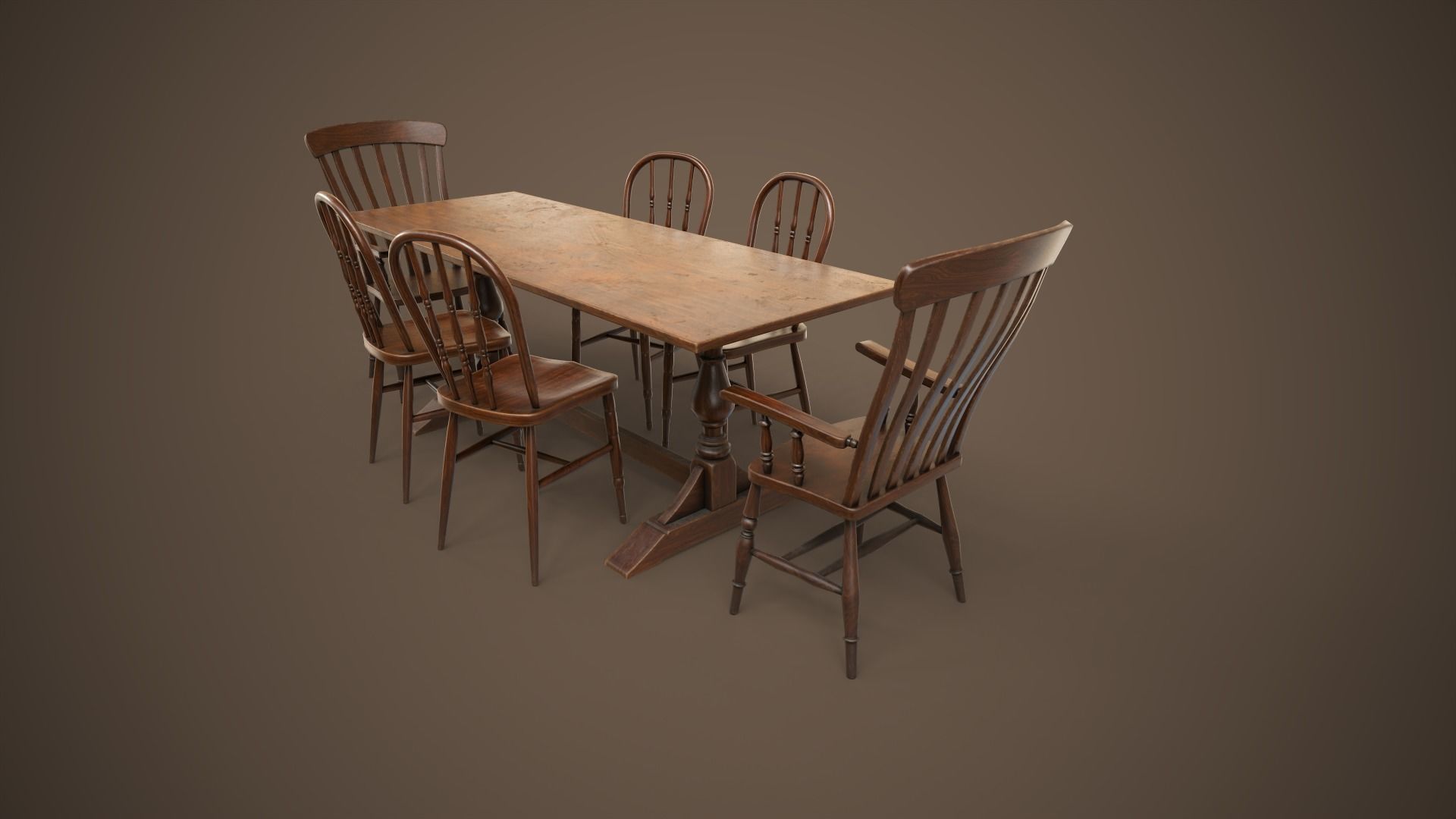 Vintage furniture table and chairs Low-poly 3D model_3