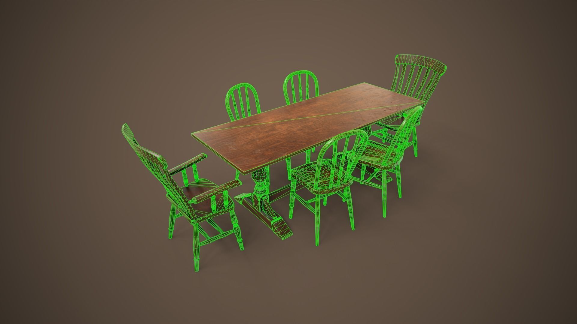 Vintage furniture table and chairs Low-poly 3D model_4